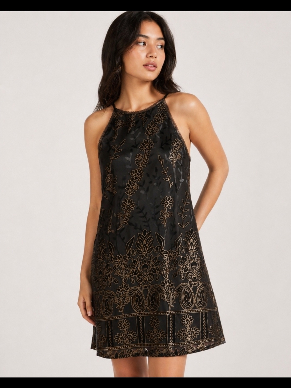 Lost + Wander Black Mini Dress with Gold Lace Embroidery